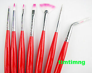 7 NAIL ART SABLE BRUSHES - NAIL ART - RED HANDLE ***