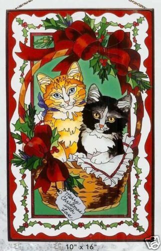 CHRISTMAS KITTENS * 10x16 CAT SUNCATCHER GLASS PANEL  