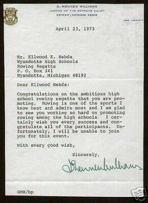 Mennen Williams signed letter Frmr Gov of Michigan  