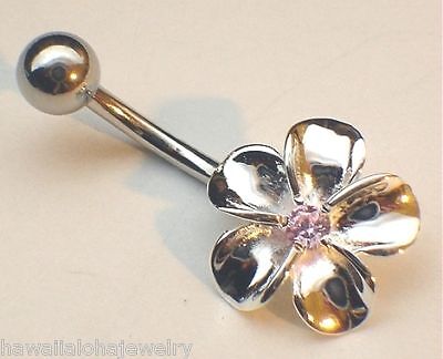 13mm Silver Hawaiian Rhod Plumeria Pink CZ Belly Ring  