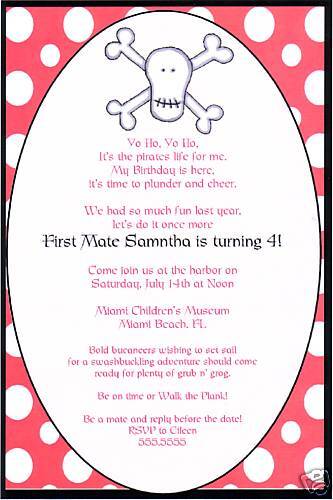 Girls Pirate Party Invitations~Skull~Pink & Black  