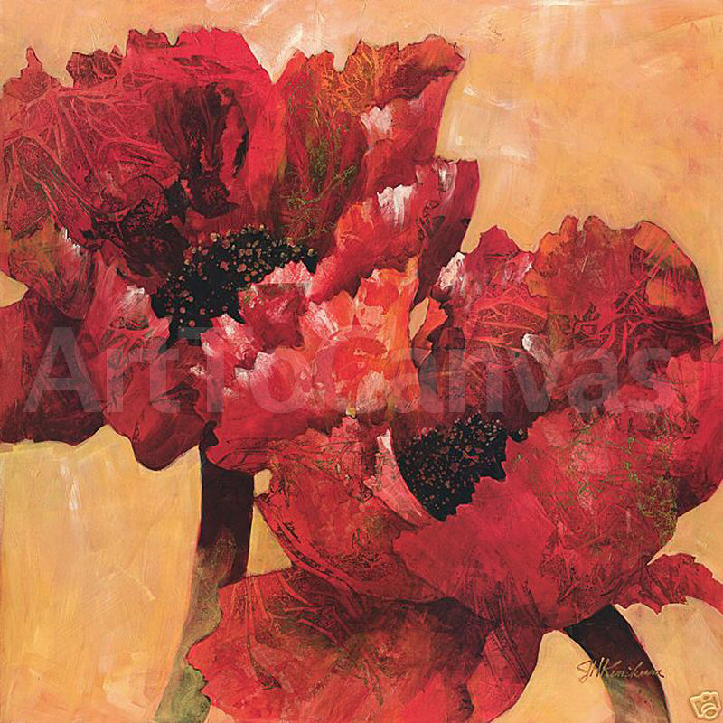 36x36 DUET by JOYCE KAMIKURA a 2PC DETAILED RED FLORAL CANVAS  