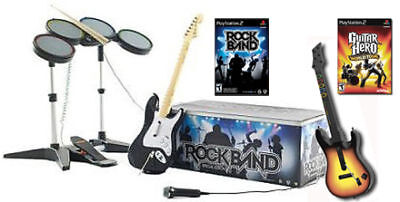 PS2 Rock Band 1 & Guitar Hero WORLD TOUR $250 VALUE 2 GUITARS Drums 