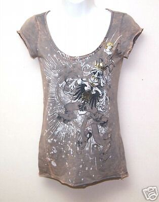 VINTAGE EAGLE WING CROWN GOLD TATTOO GRAY T  SHIRT  