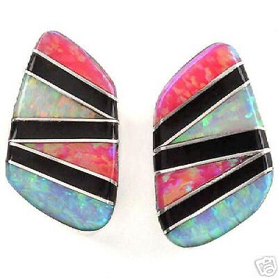 Vibrant Onyx & Created Opal Sterling Silver Earrings  