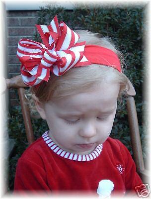 CHRISTMAS RED WHITE SILVER STRIPES HAIR BOW HEADBAND  