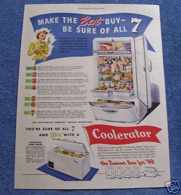 VINTAGE 1948 COOLERATOR REFRIGERATOR + FREEZER AD  