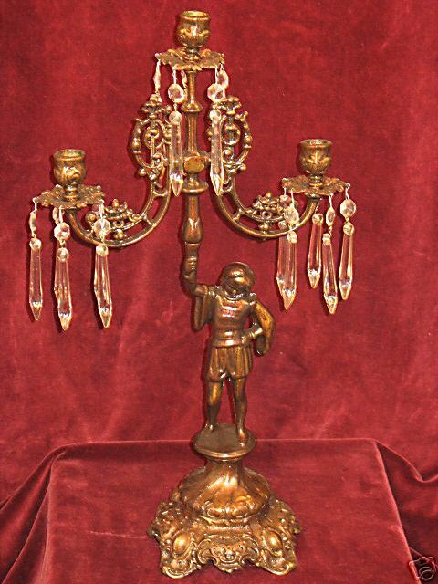 VINTAGE GILT CAST IRON FIGURAL CANDELABRA PRISMS  