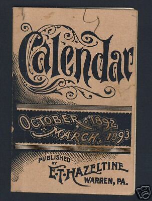 Calendar October 1892   March 1893  