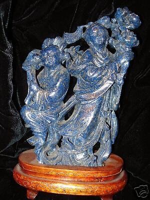 Precious Lapis Lazuli Statue of two Kwan Yin Women  