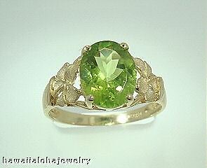 Hawaiian 14k Yellow Gold Plumeria 2.65Cts Oval Peridot Ring 8.0  